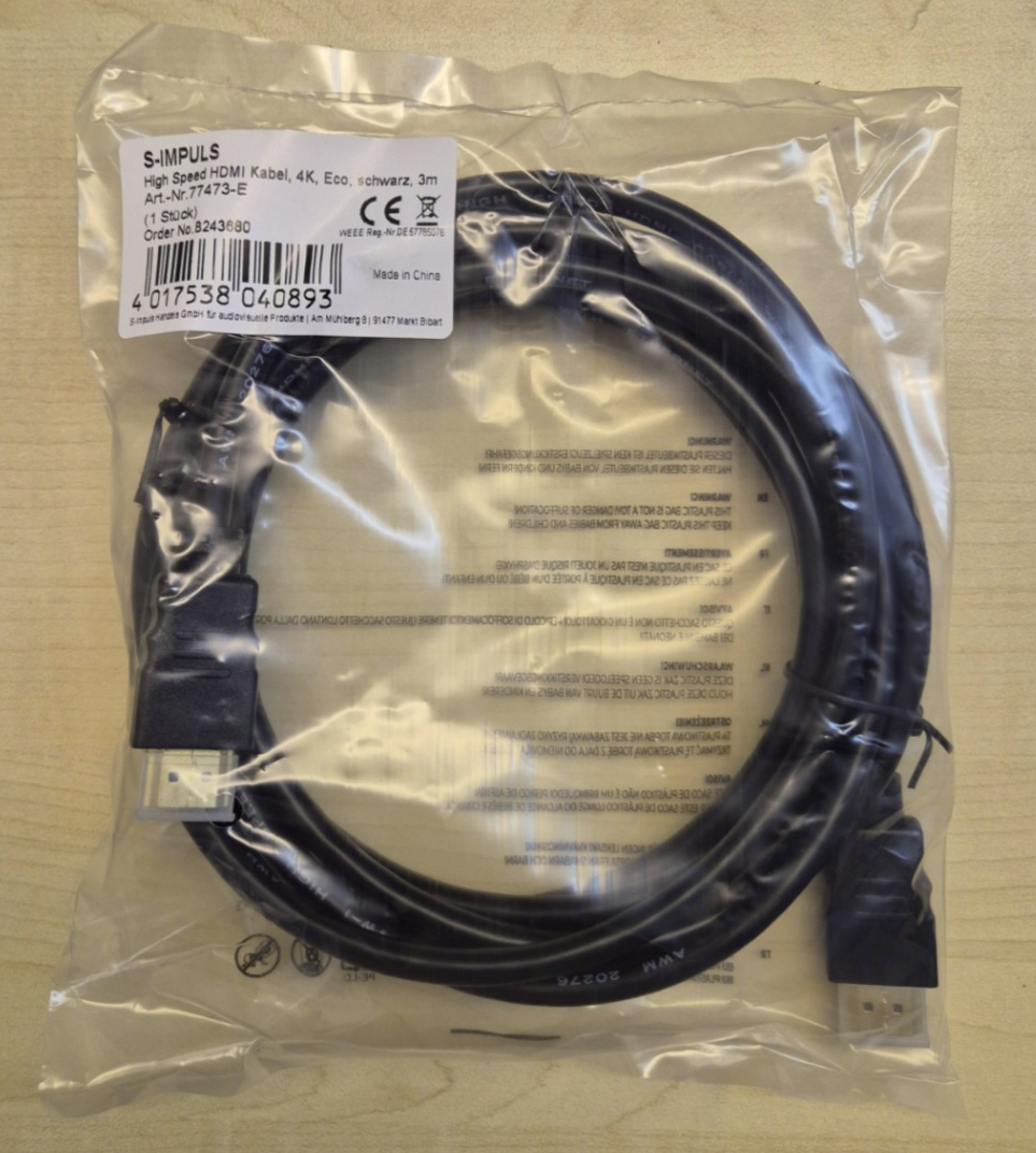 HDMI Kabel 3m High Speed 4K Eco schwarz Stecker-Stecker neu S-IMPULS